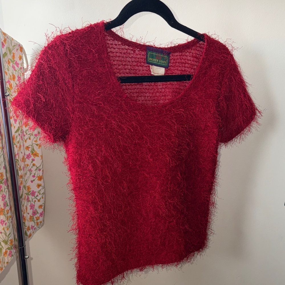 Vintage Red Fuzzy Short Sleeve Small Top